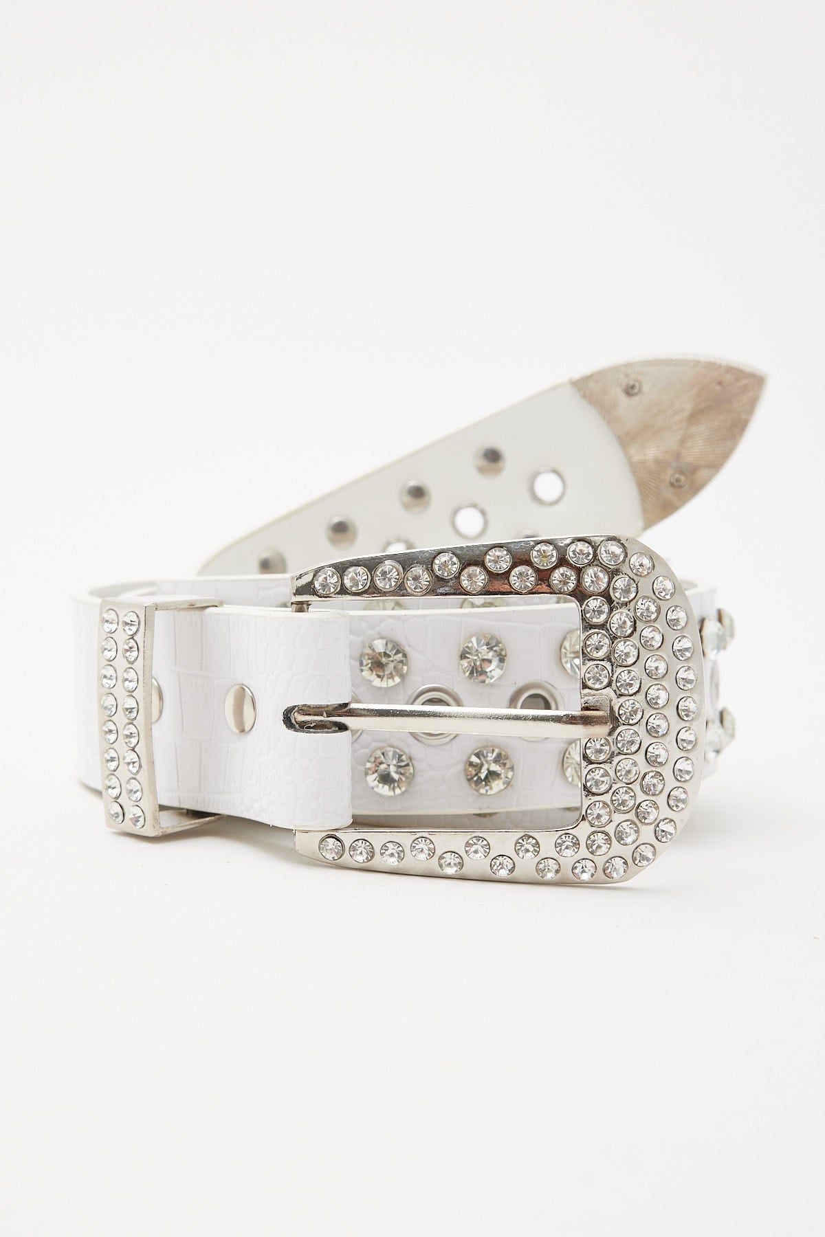 Token Rhinestone Western Belt White