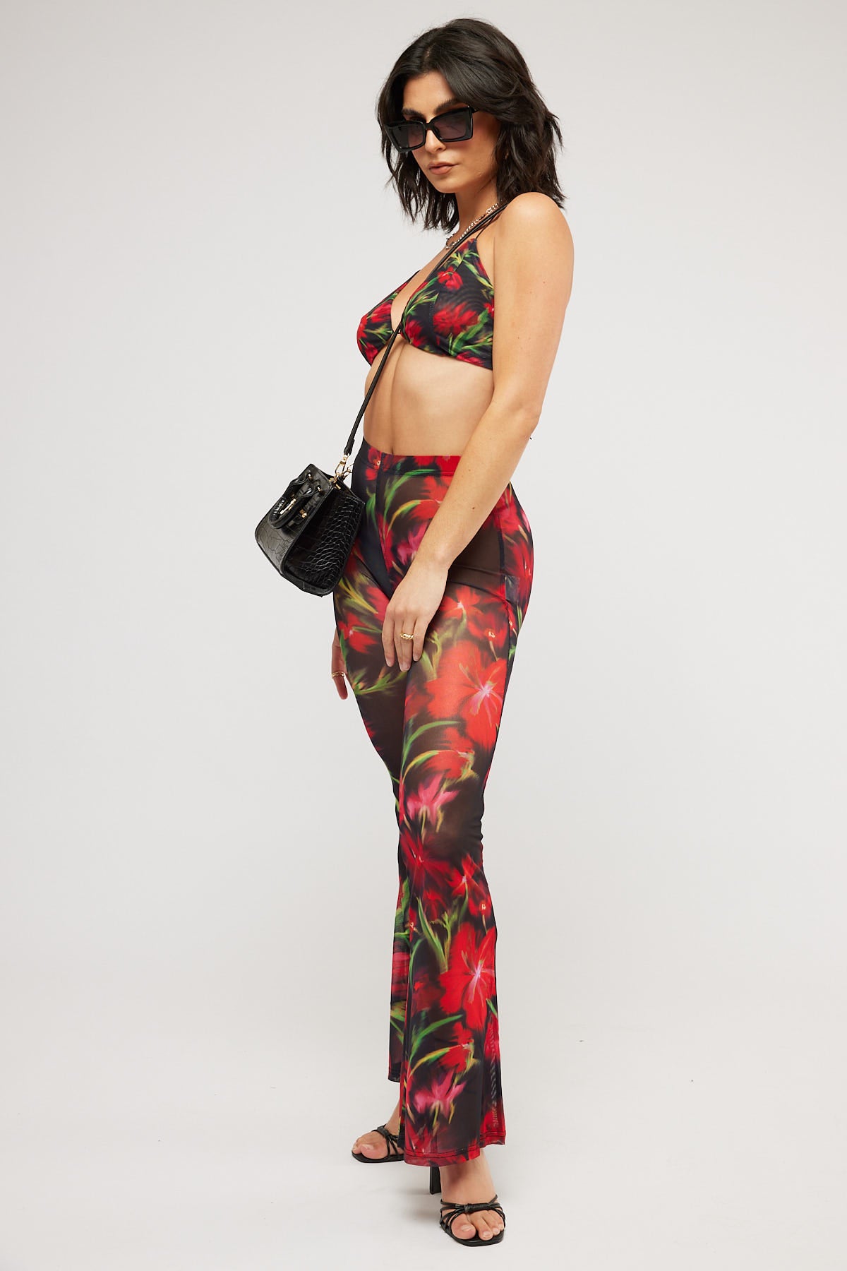 Perfect Stranger Mystique Mesh Low Rise Flare Pant Red Print