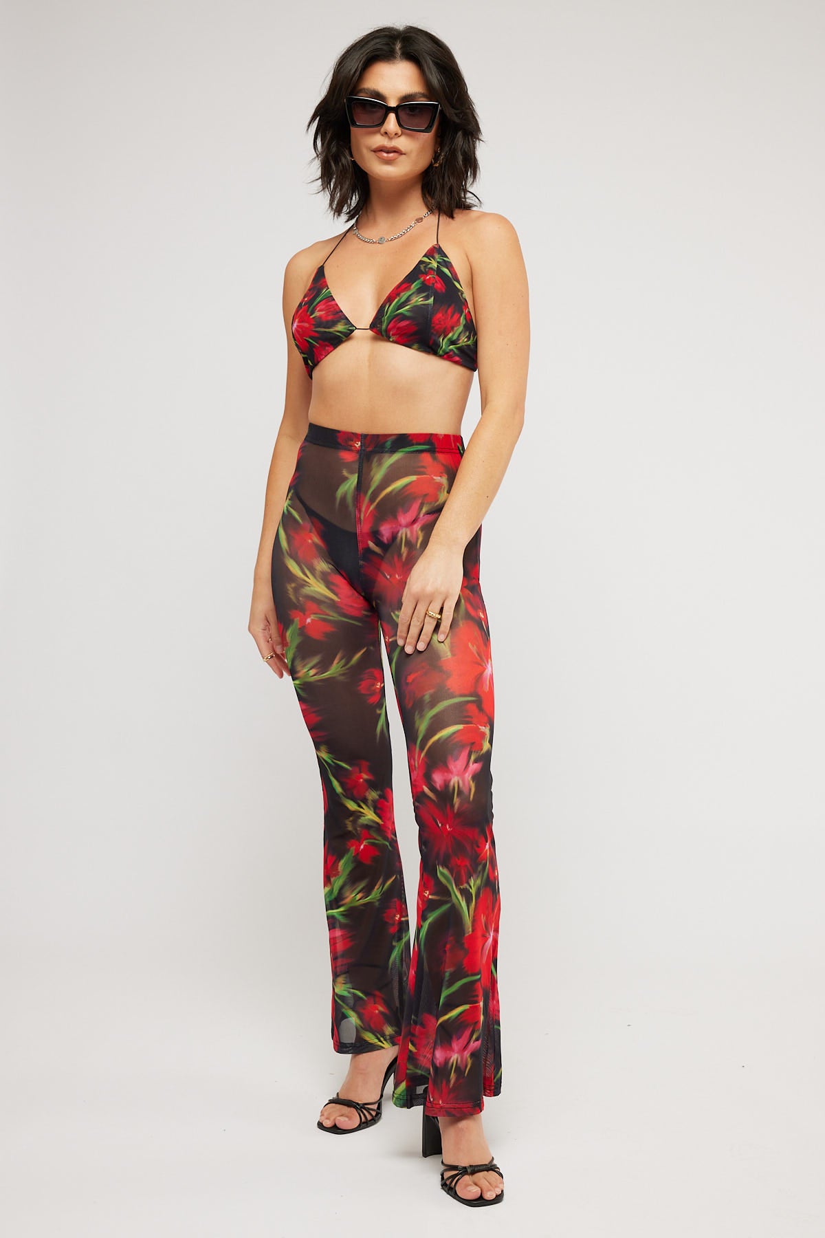 Perfect Stranger Mystique Mesh Low Rise Flare Pant Red Print