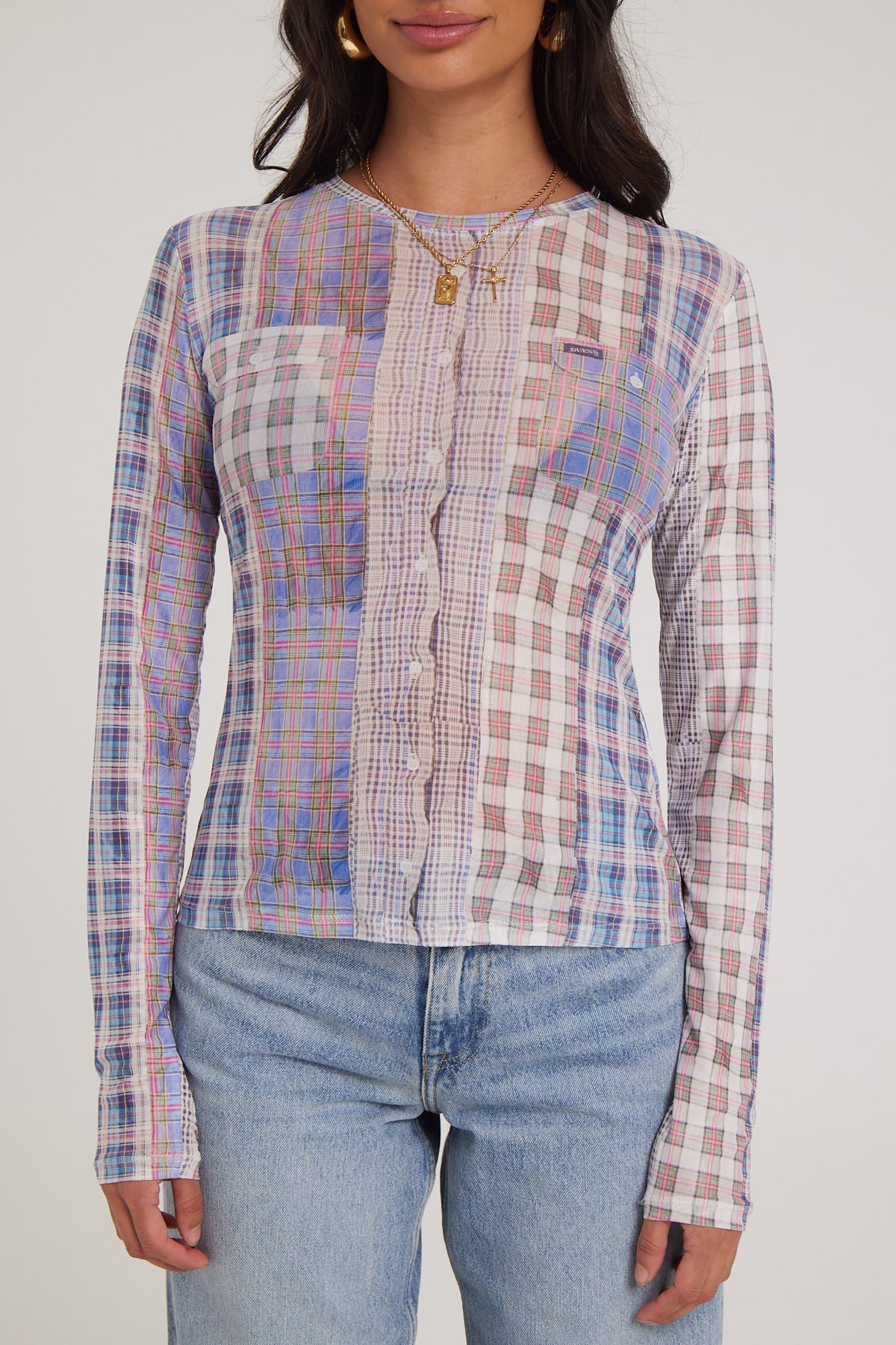 Guess Originals GO Printed Plaid Mesh Long Sleeve Top Sandy Shore