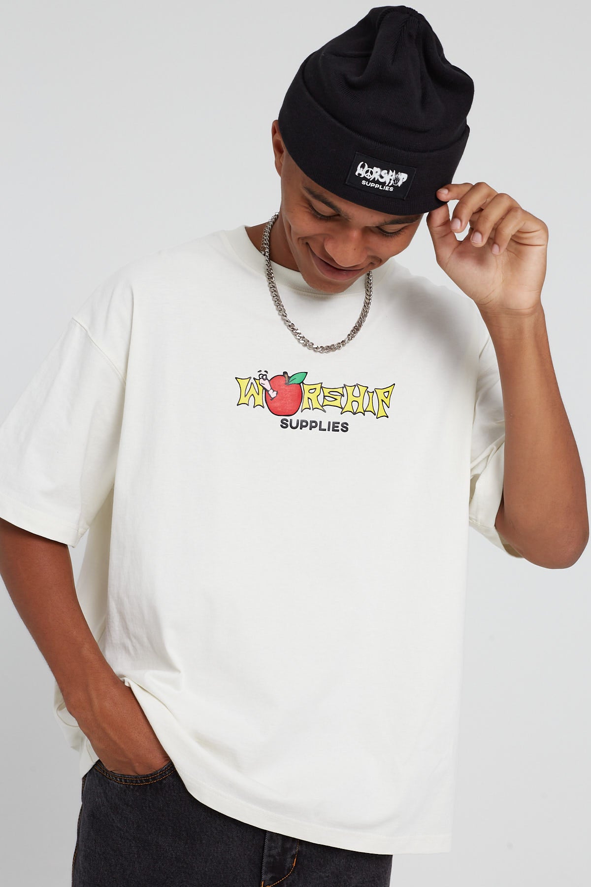 Worship Bad Apple Oversize Tee Puff Print Bone