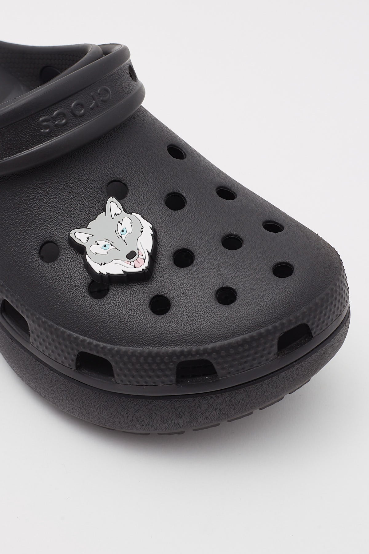 Black crocs customised with silver jibbitz💿