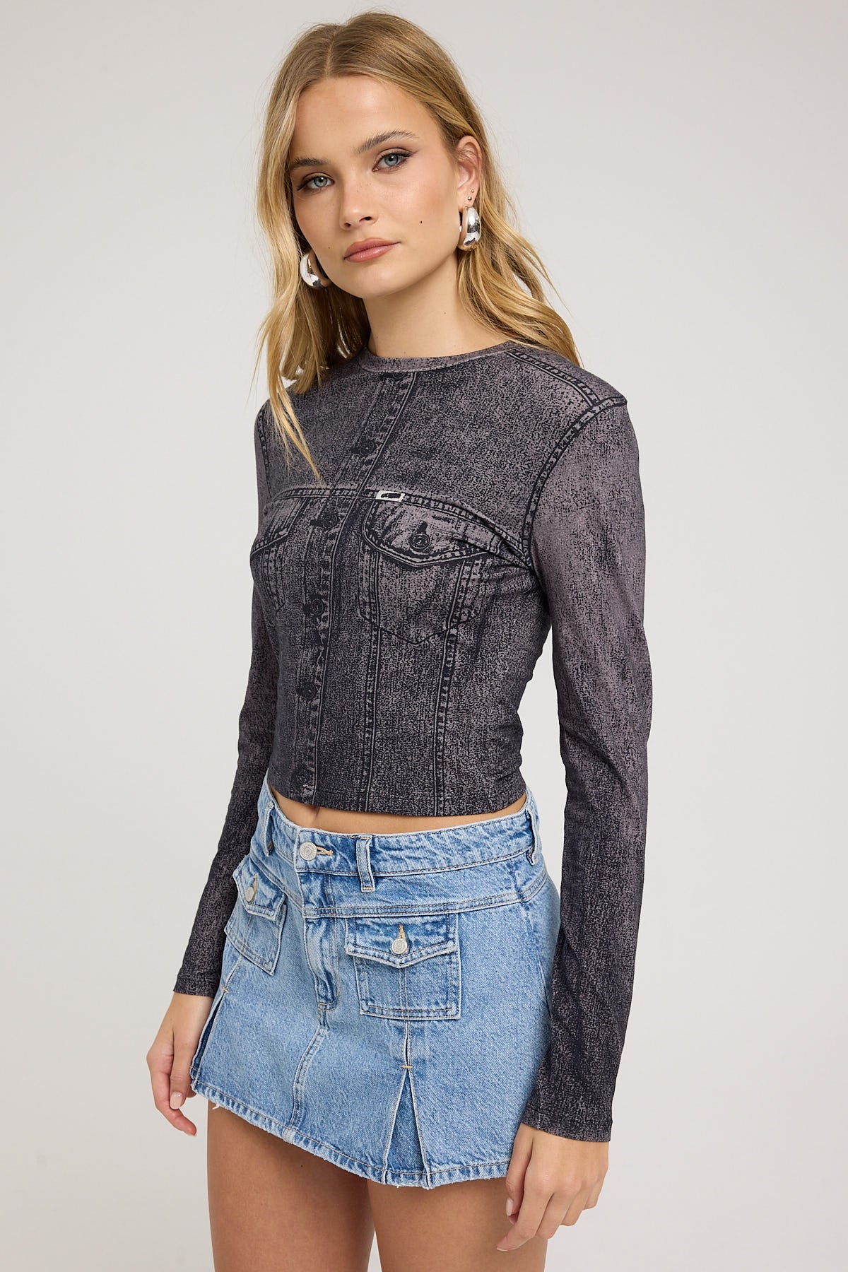 Guess Originals GO Printed Denim Longsleeve Top Jet Black