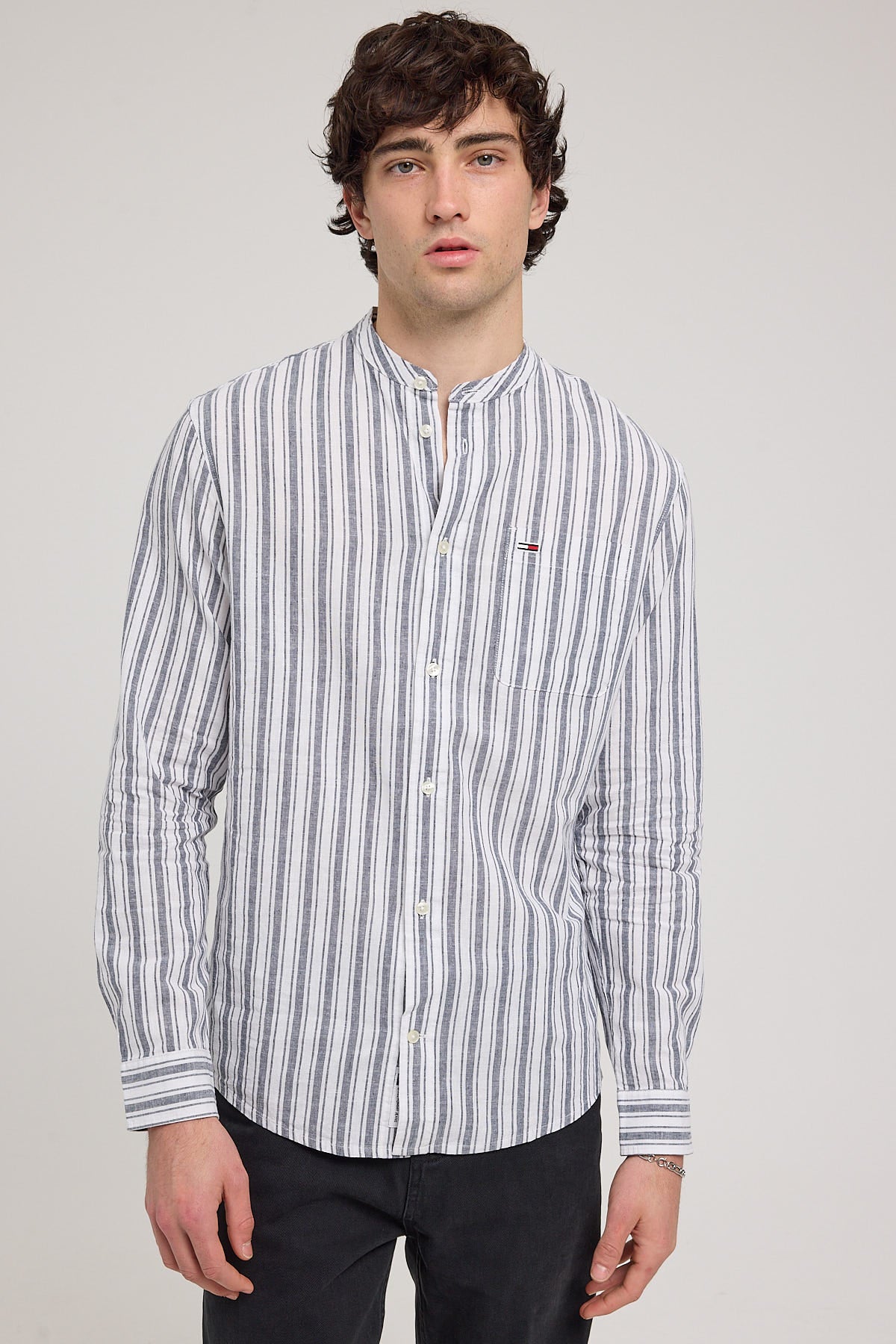 Tommy Jeans TJM MAO Stripe Linen Blend Shirt Dark Night Navy Stripe