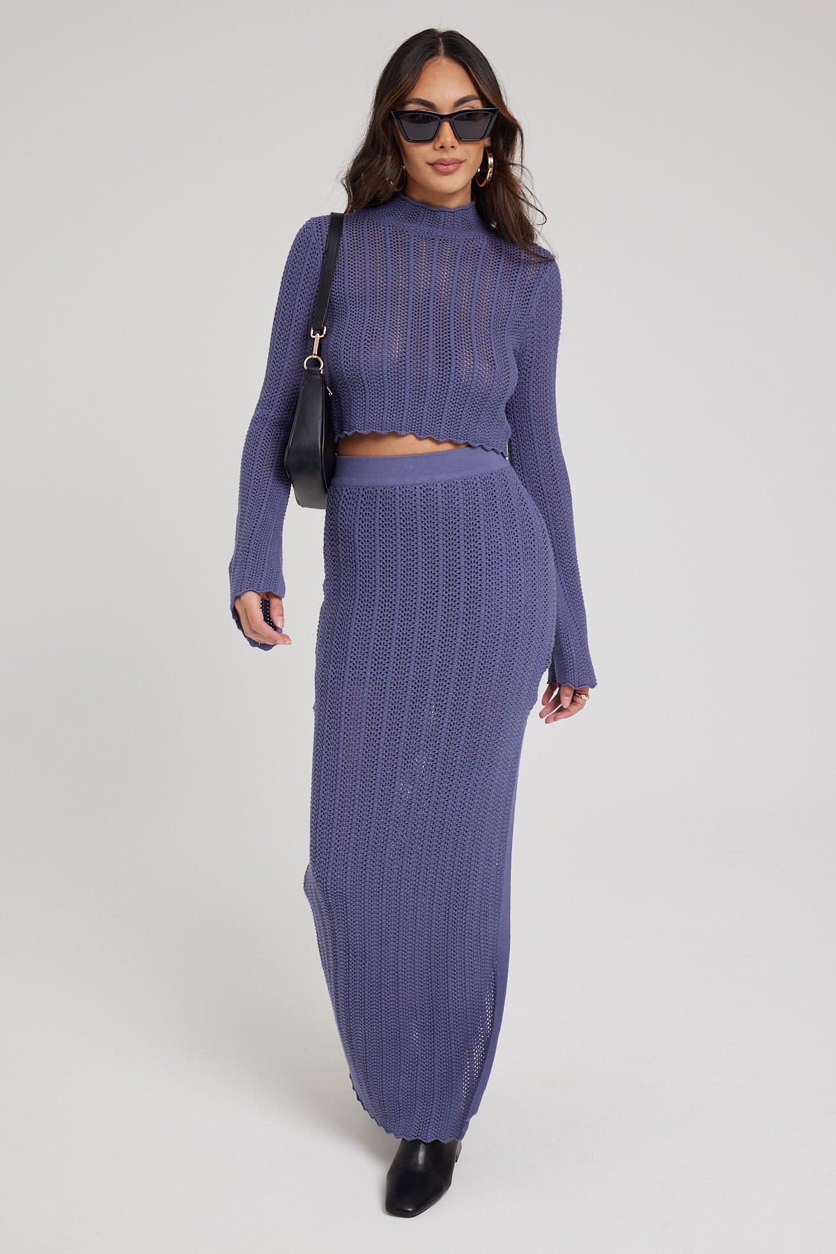 Perfect Stranger Crochet Split Maxi Skirt Steel Blue