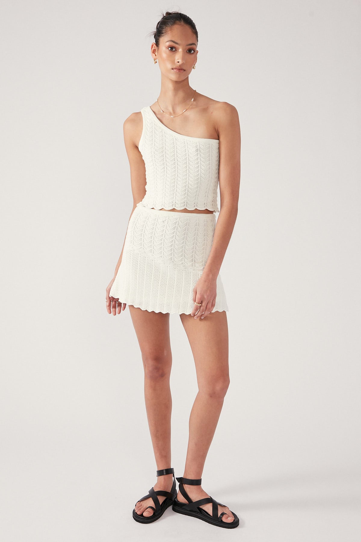 Perfect Stranger Alma Asymmetrical Crochet Knit Mini Skirt White