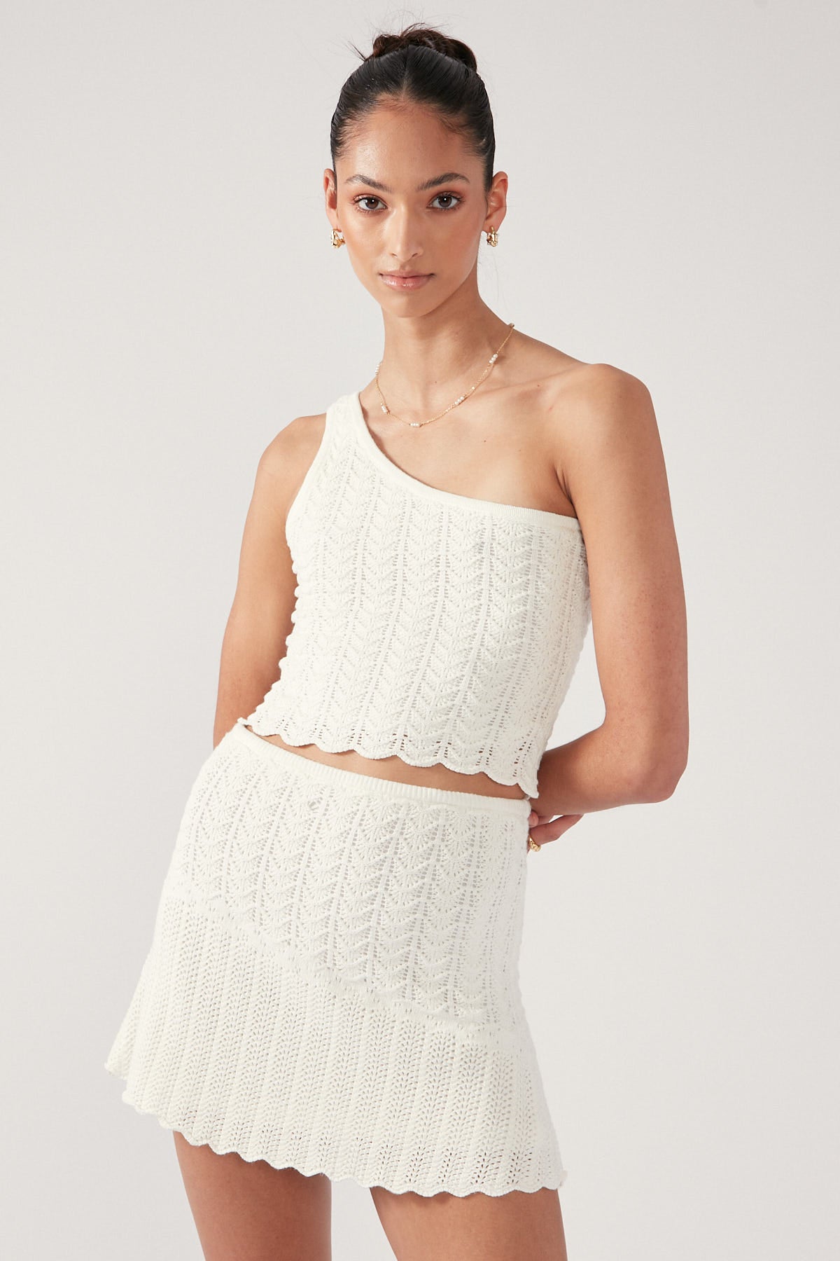 Perfect Stranger Alma Asymmetrical Crochet Knit Mini Skirt White