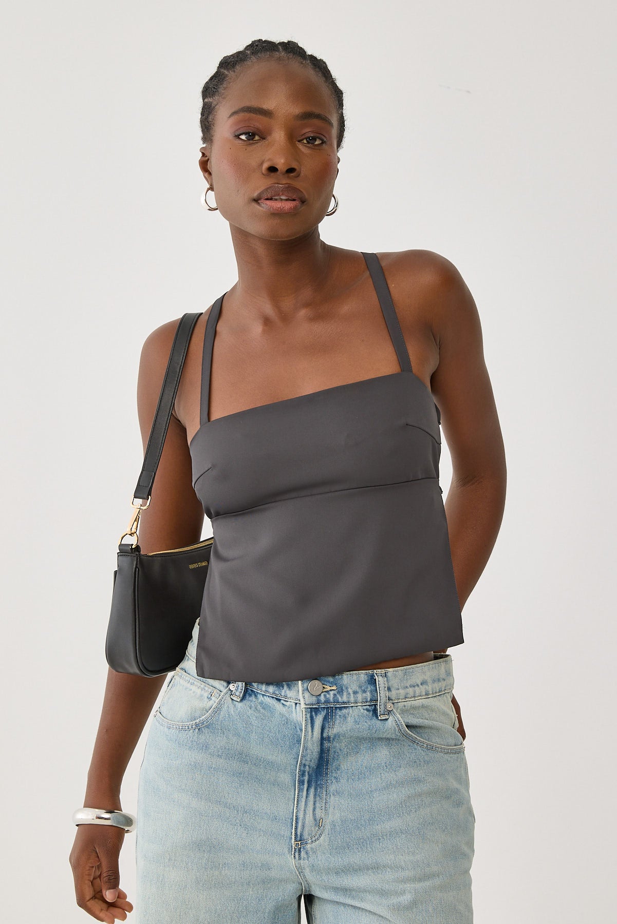 Perfect Stranger Lace Up Back Tie Top Charcoal