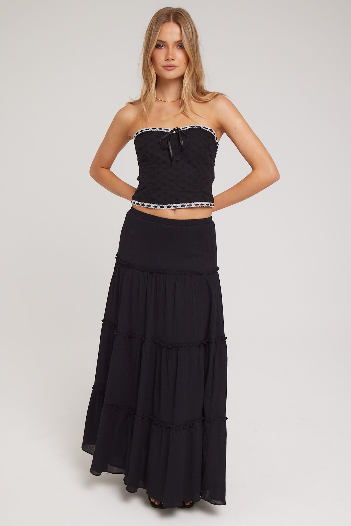 Luck & Trouble Broderie Strapless Contrast Trim Top Black