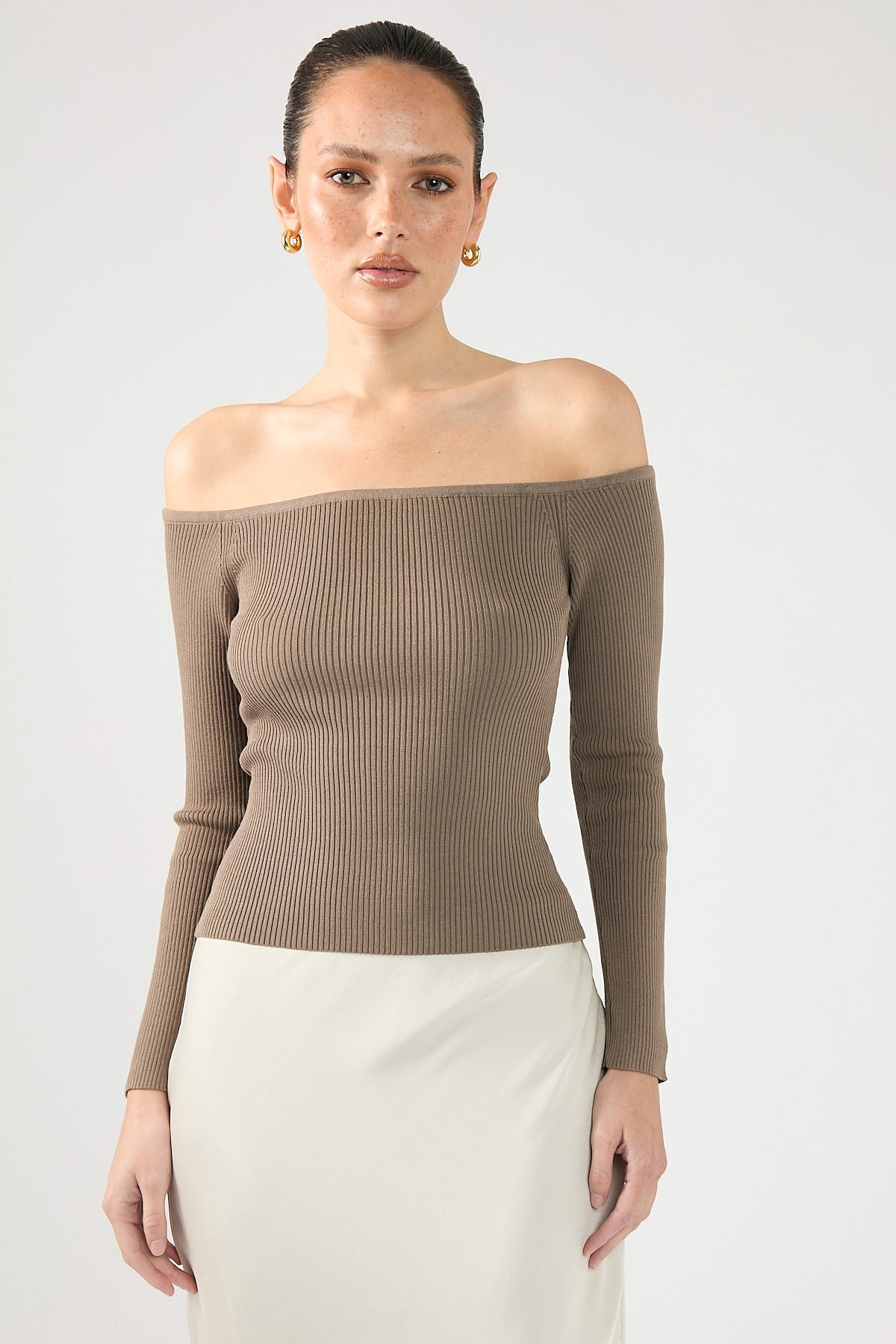 Perfect Stranger Ribbed Off Shoulder Long Sleeve Top TAUPE