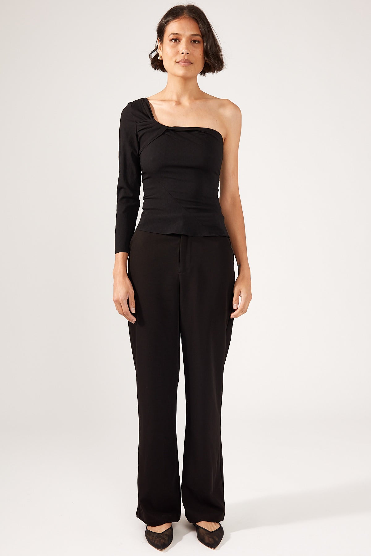 Perfect Stranger Britta Tucked Asymmetrical Top Black