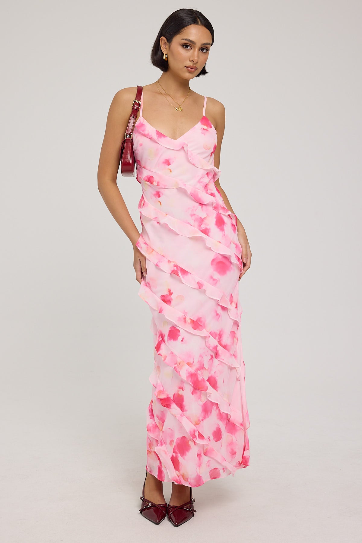 Luck & Trouble Chiffon Ruffle Blooms Maxi Dress Pink Print