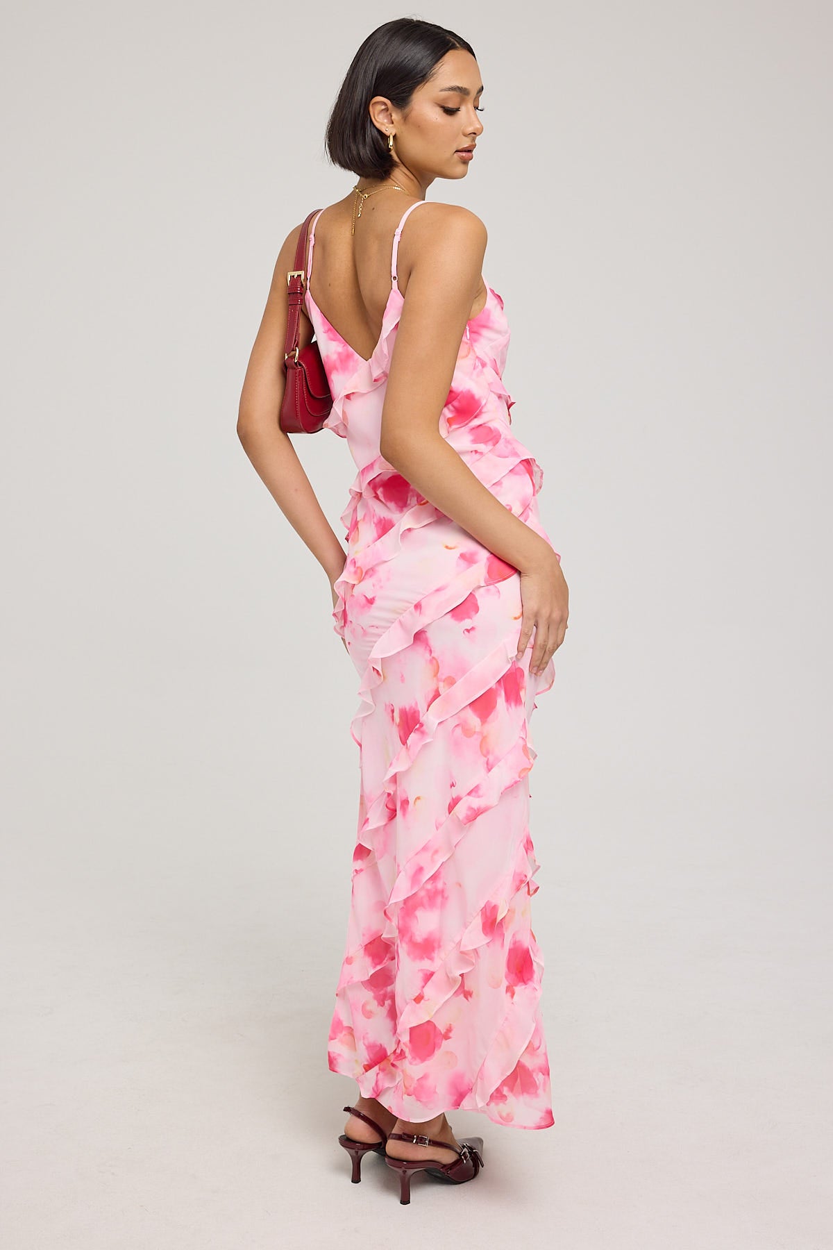 Luck & Trouble Chiffon Ruffle Blooms Maxi Dress Pink Print