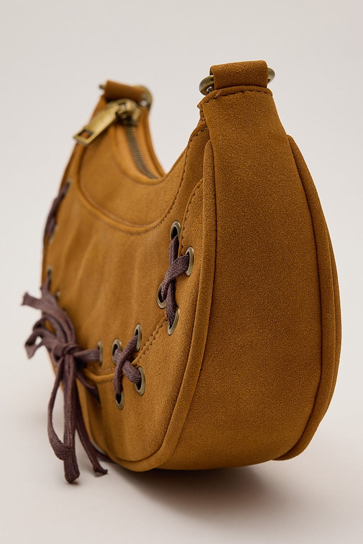 Token Faux Suede Lace Up Handbag Brown