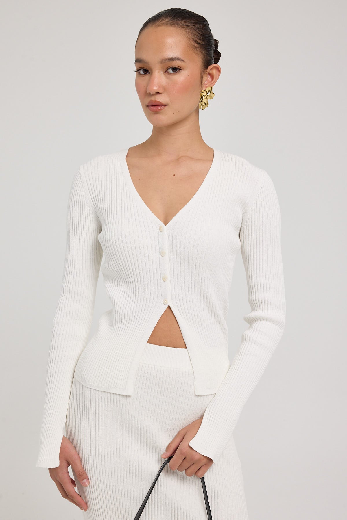 Perfect Stranger Kait Button Front Long Sleeve Knit Top Off White