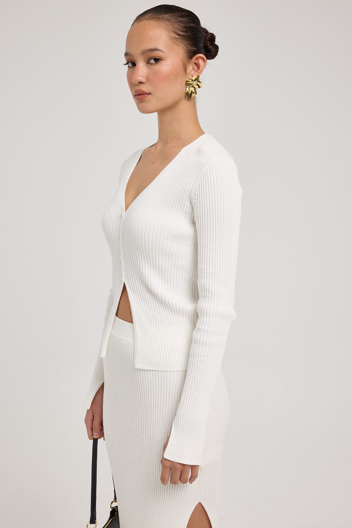 Perfect Stranger Kait Button Front Long Sleeve Knit Top Off White