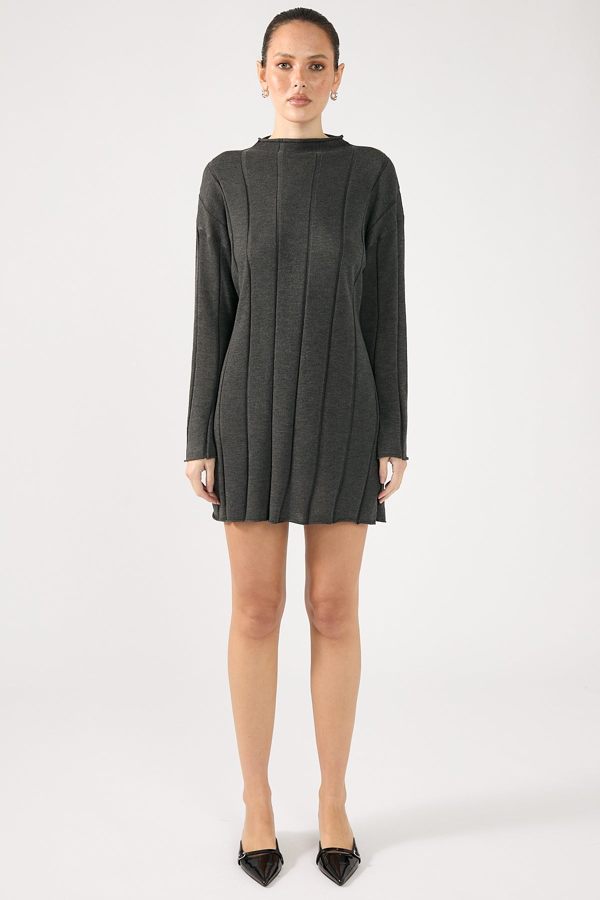 Perfect Stranger Cassava Rib Long Sleeve Knit Dress Charcoal