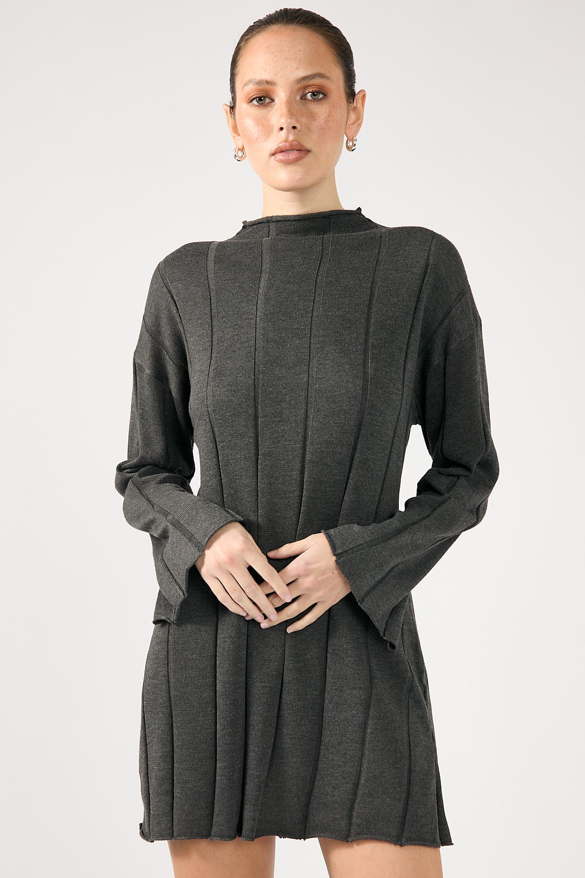 Perfect Stranger Cassava Rib Long Sleeve Knit Dress Charcoal