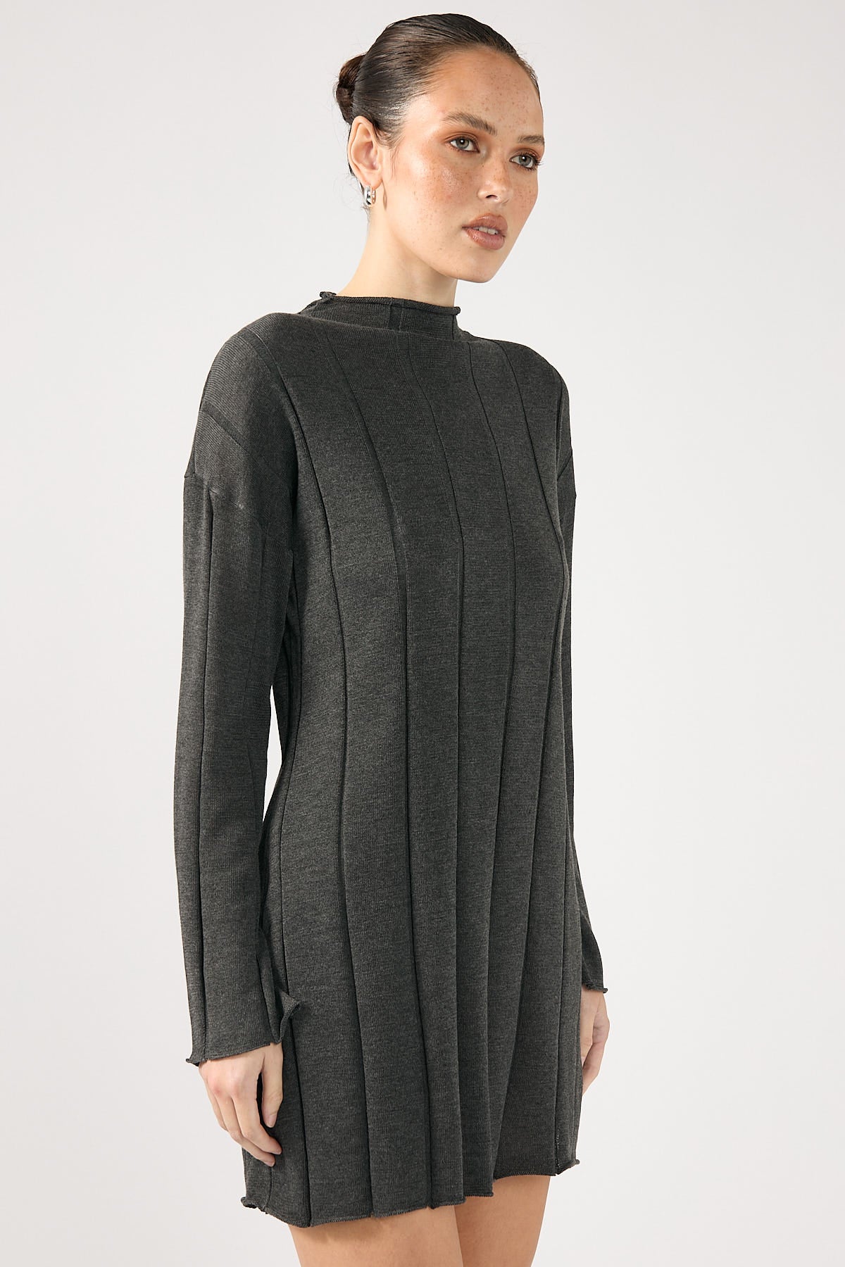 Perfect Stranger Cassava Rib Long Sleeve Knit Dress Charcoal