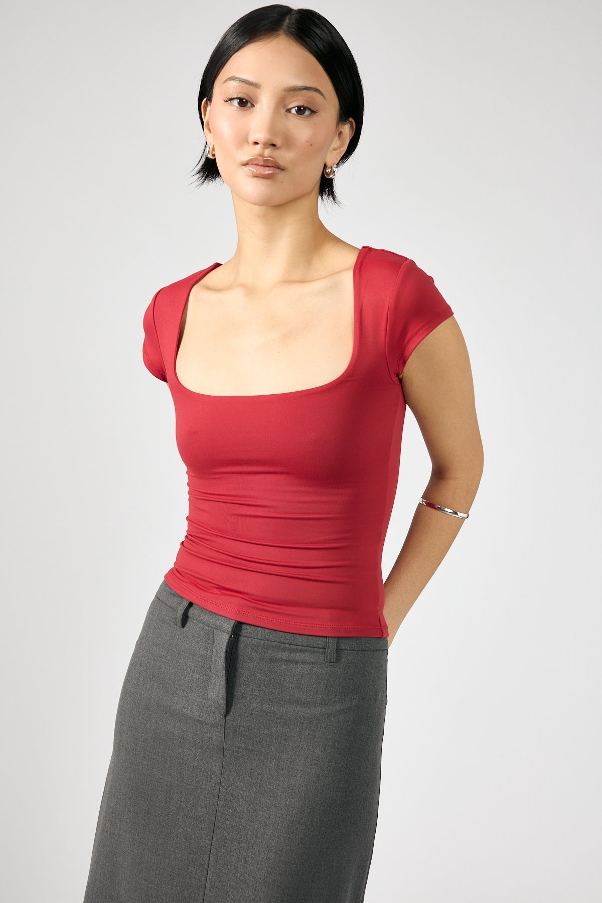 Perfect Stranger Scoop Neck Cap Sleeve Tee Red