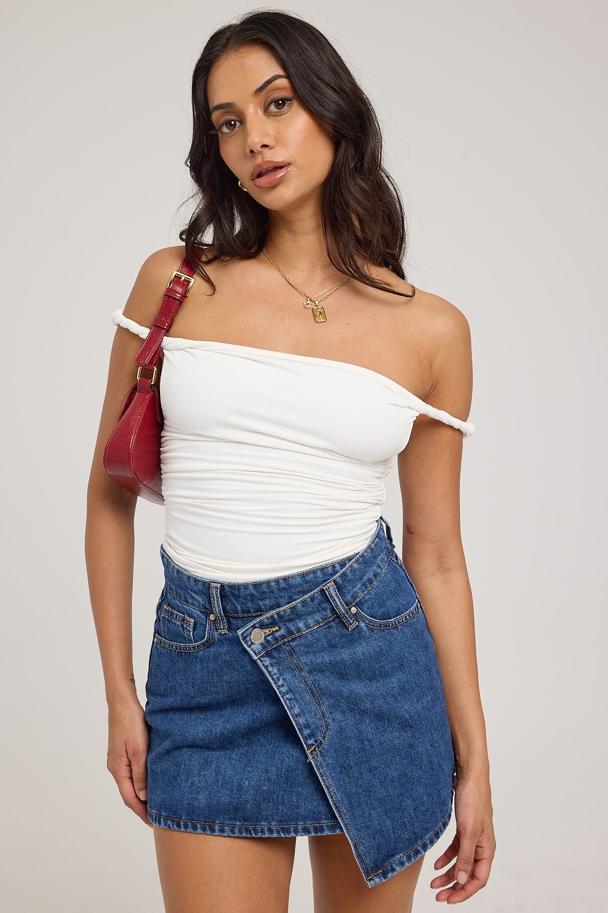 Perfect Stranger Sonya Wrap Denim Mini Skirt Mid Blue Denim