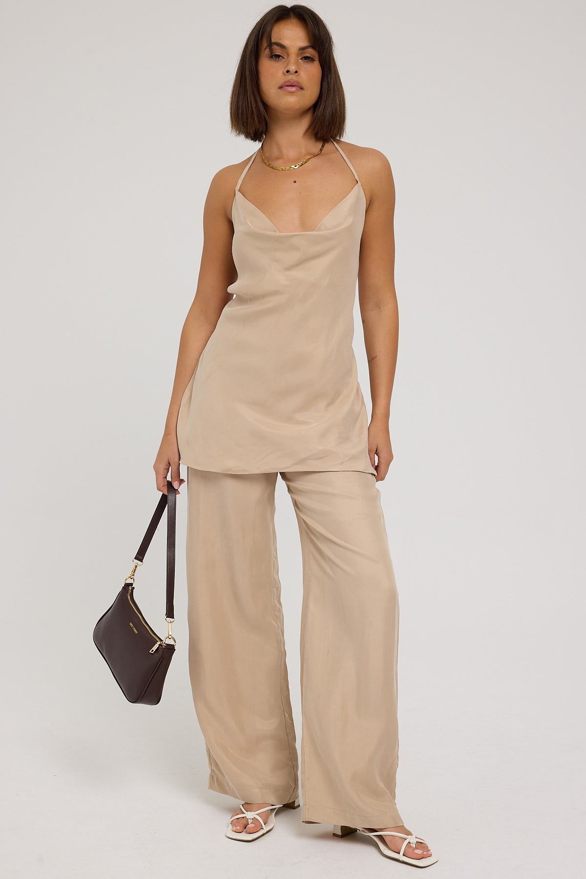 Perfect Stranger Giulia  Long Line Tie Back Cupro Top Nude