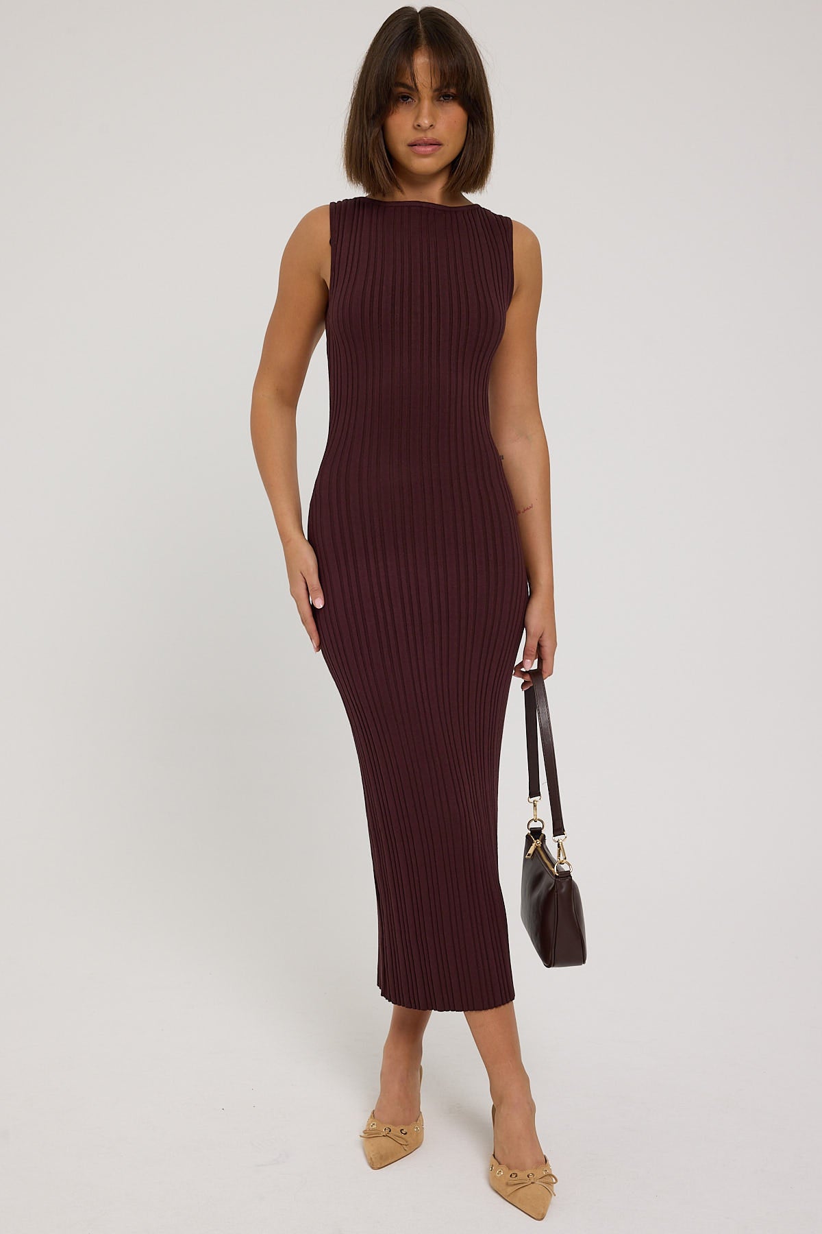 Luck & Trouble Rib High Neck Open Back Knit Midi Dress Brown