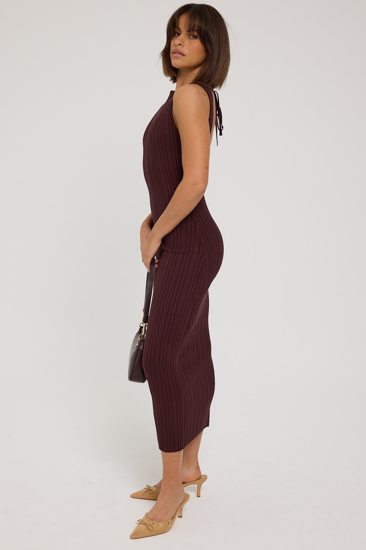 Luck & Trouble Rib High Neck Open Back Knit Midi Dress Brown