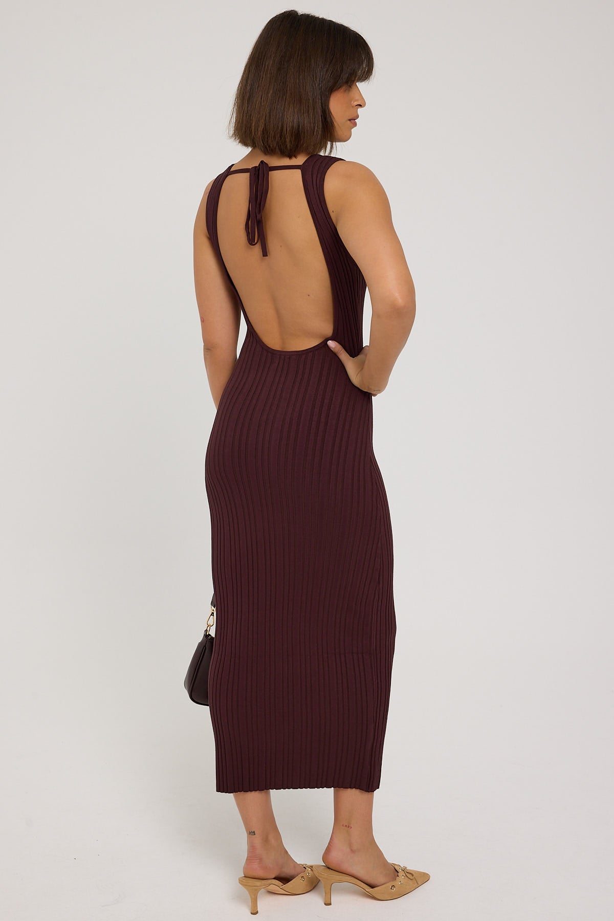 Luck & Trouble Rib High Neck Open Back Knit Midi Dress Brown