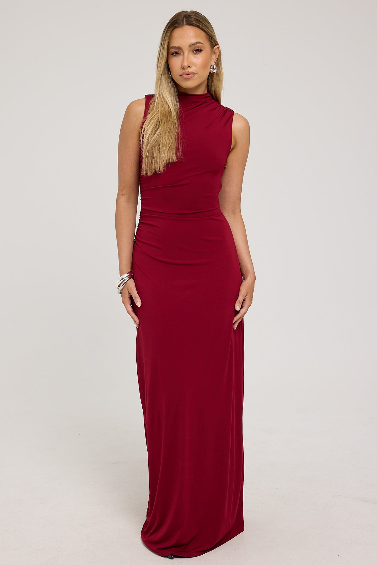 Perfect Stranger Rosewood High Neck Maxi Dress Burgundy