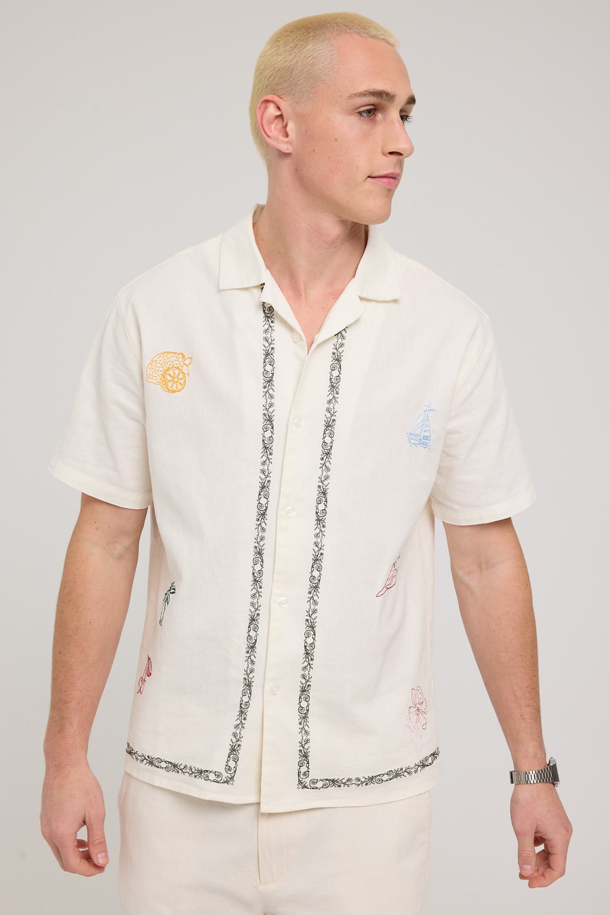 Common Need Amalfi Embroidered Resort Shirt Ecru