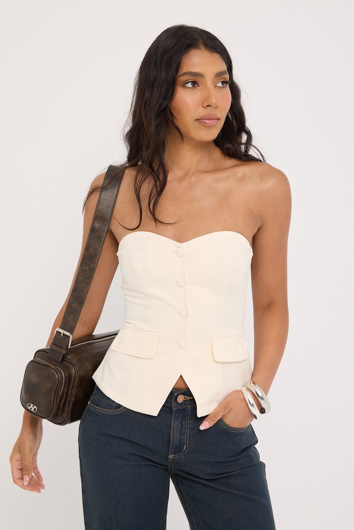 Perfect Stranger Luca Strapless Button Up Top Bone