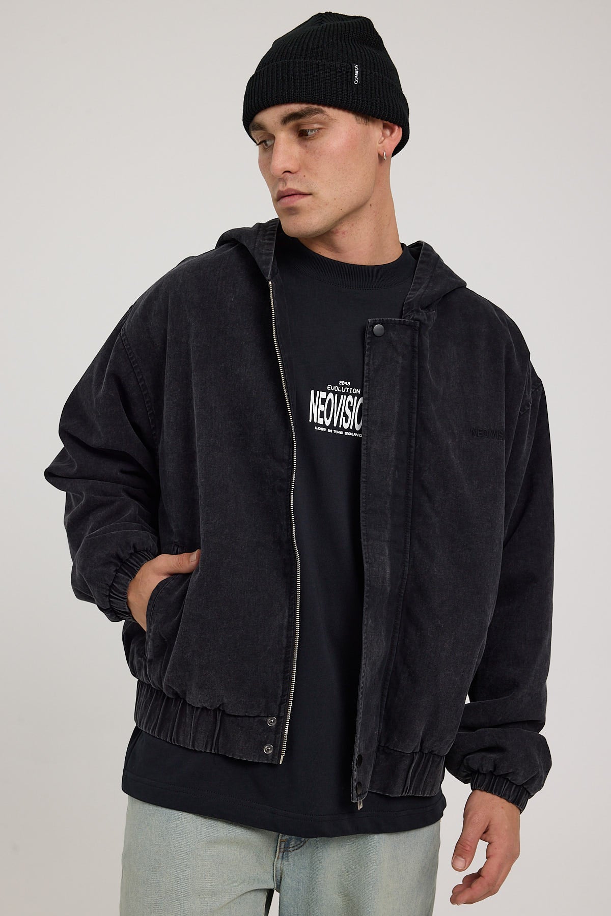 Neovision Hidden Hooded Bomber Jacket Washed Black – Universal Store