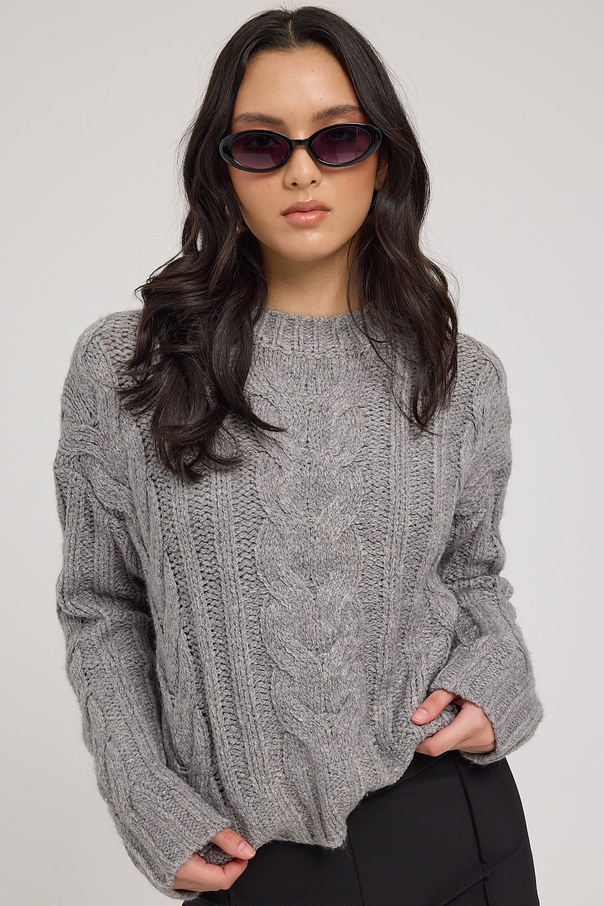 Luck & Trouble Hazel Cable Knit Jumper Dark Grey Marle