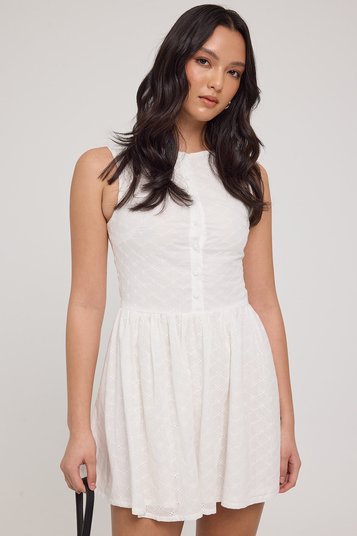 Luck & Trouble Broderie Button Boat Neck Mini Dress White