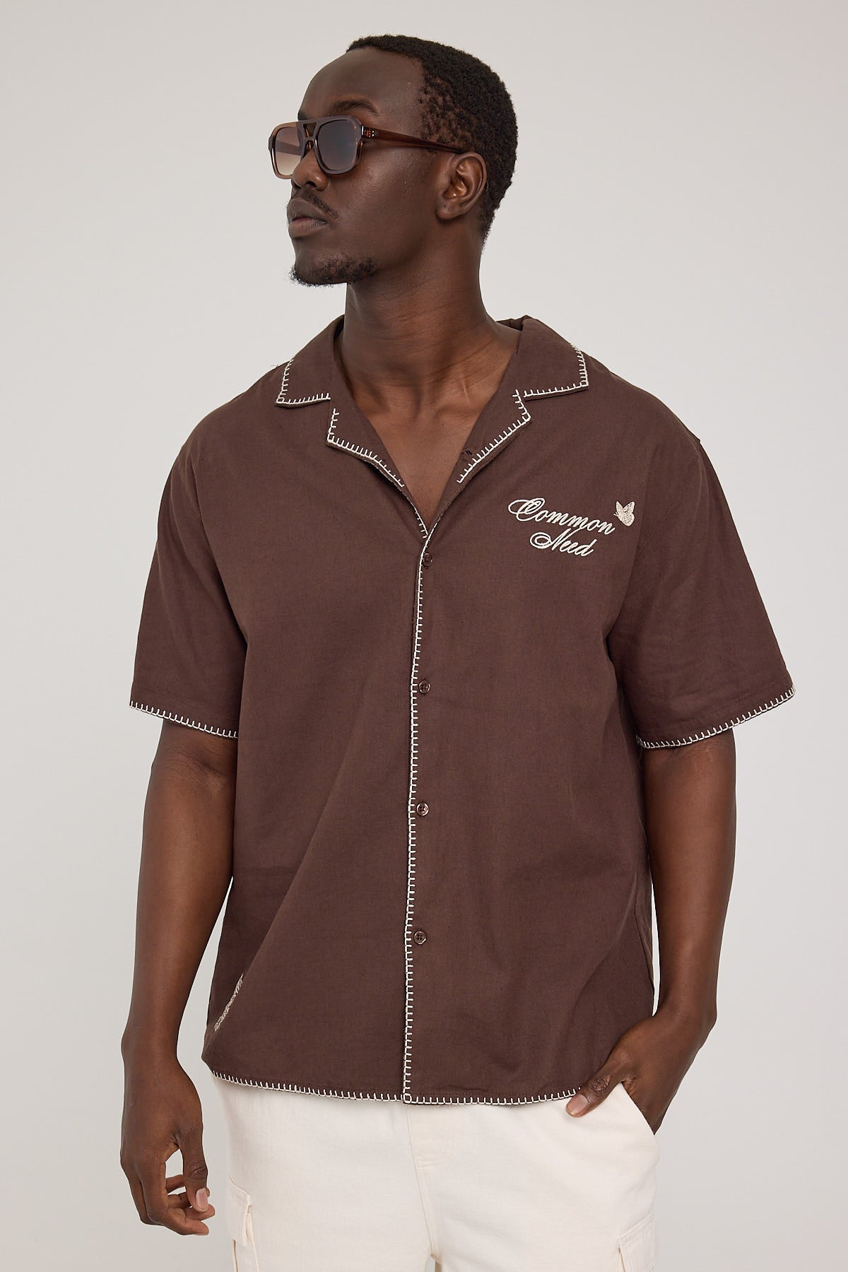 Common Need Mariposa Embroidered Resort Shirt Brown