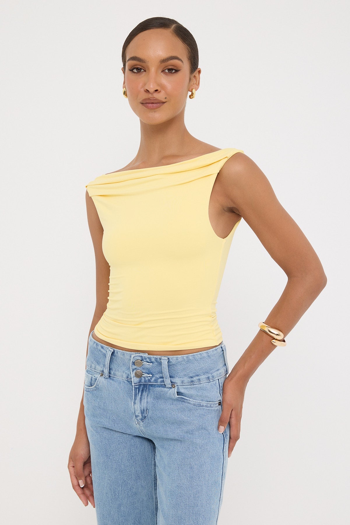 Luck & Trouble Raquel Ruched Sleeveless Top Lemon