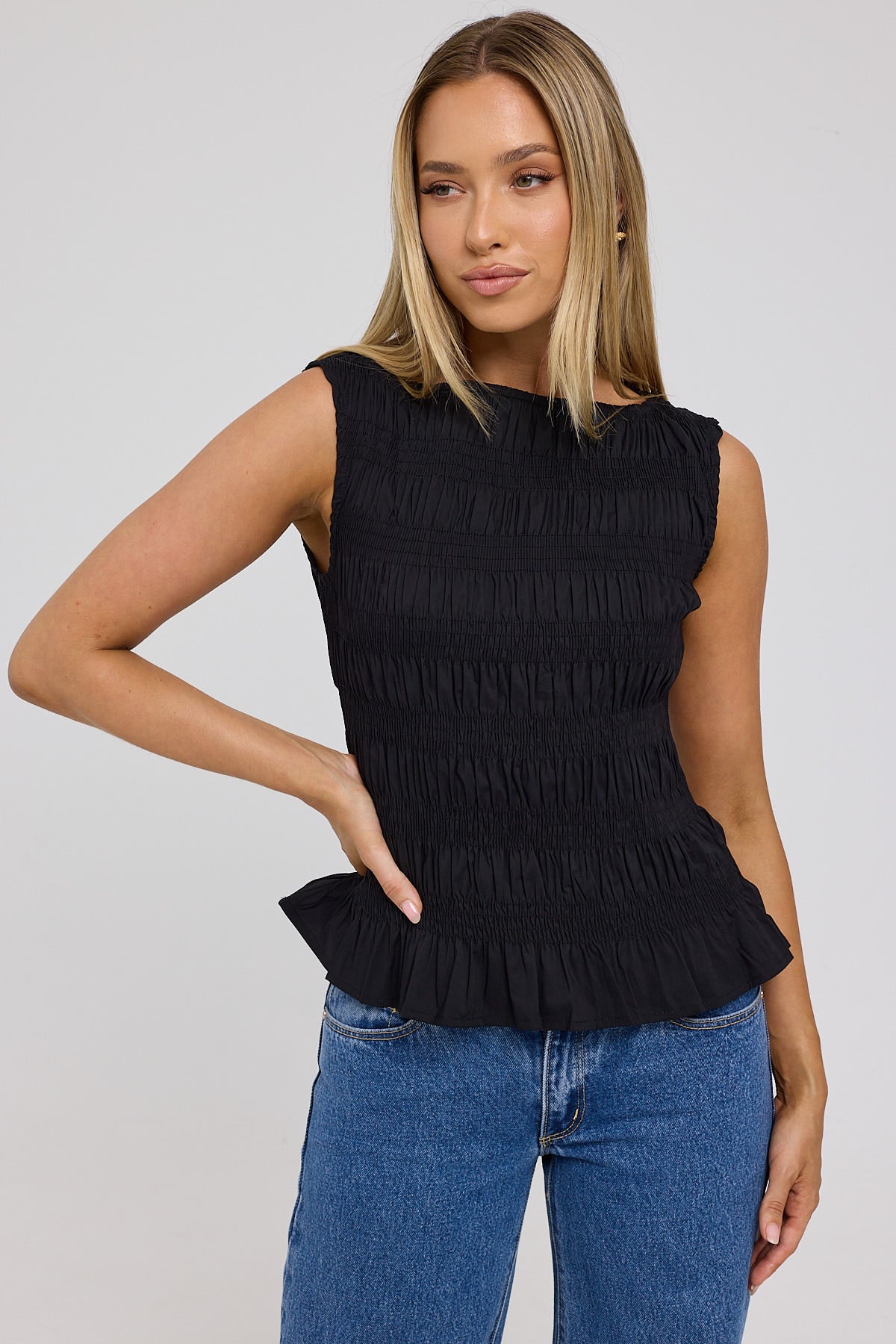 Perfect Stranger Shirred High Neck Top Black