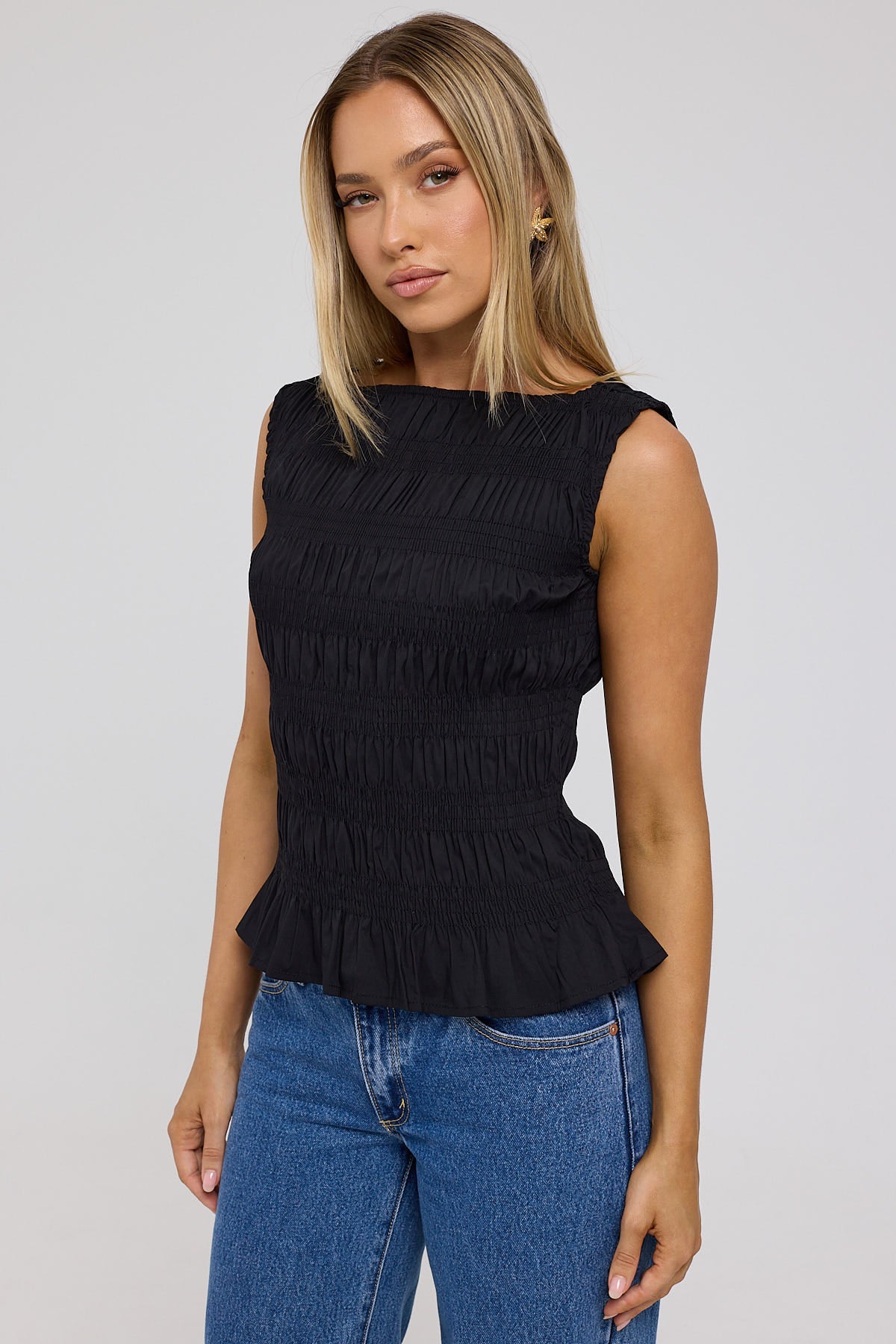 Perfect Stranger Shirred High Neck Top Black