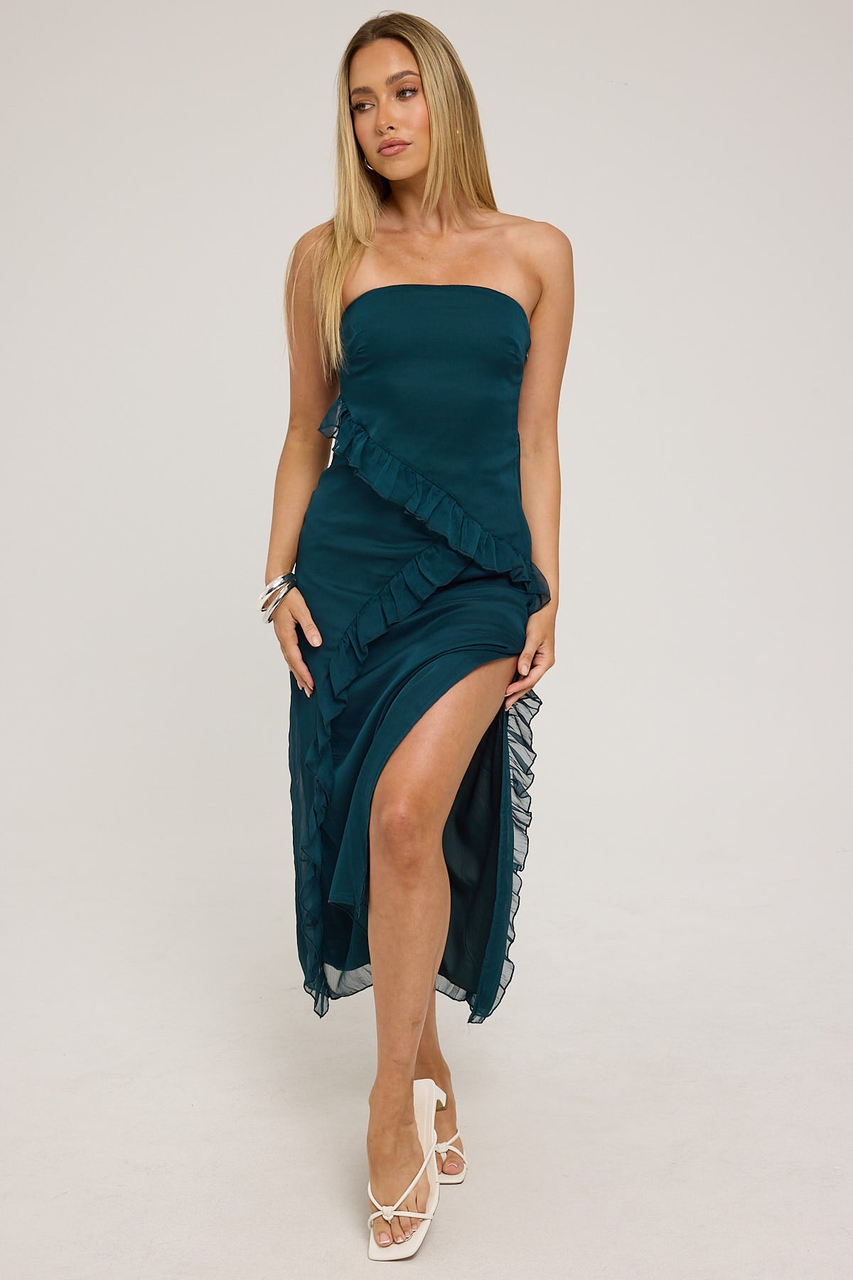 Luck & Trouble Zarlie Ruffle Maxi Dress Emerald Green