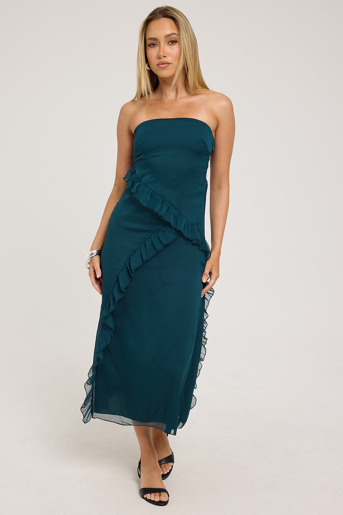 Luck & Trouble Zarlie Ruffle Maxi Dress Emerald Green