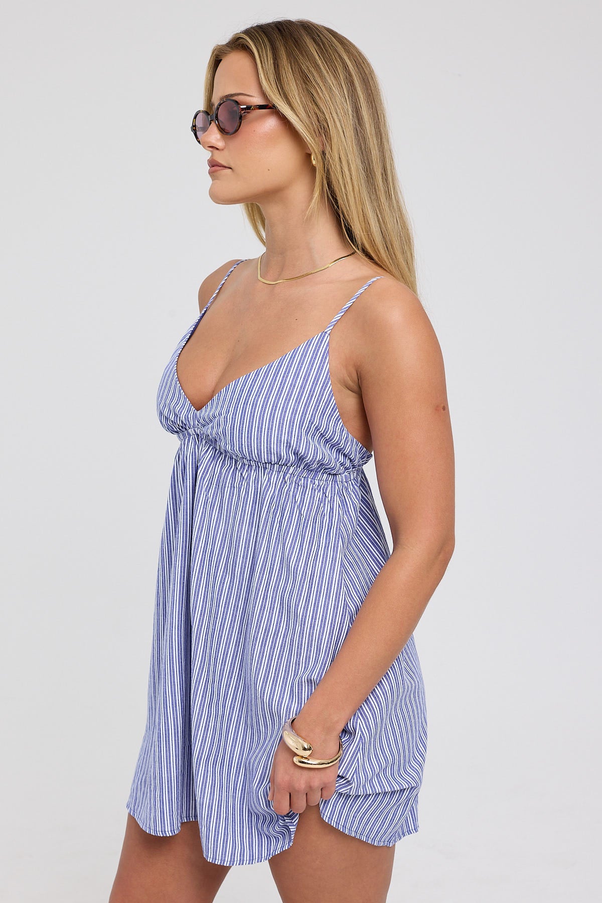 Luck & Trouble Cyan Stripe Mini Dress Blue Stripe