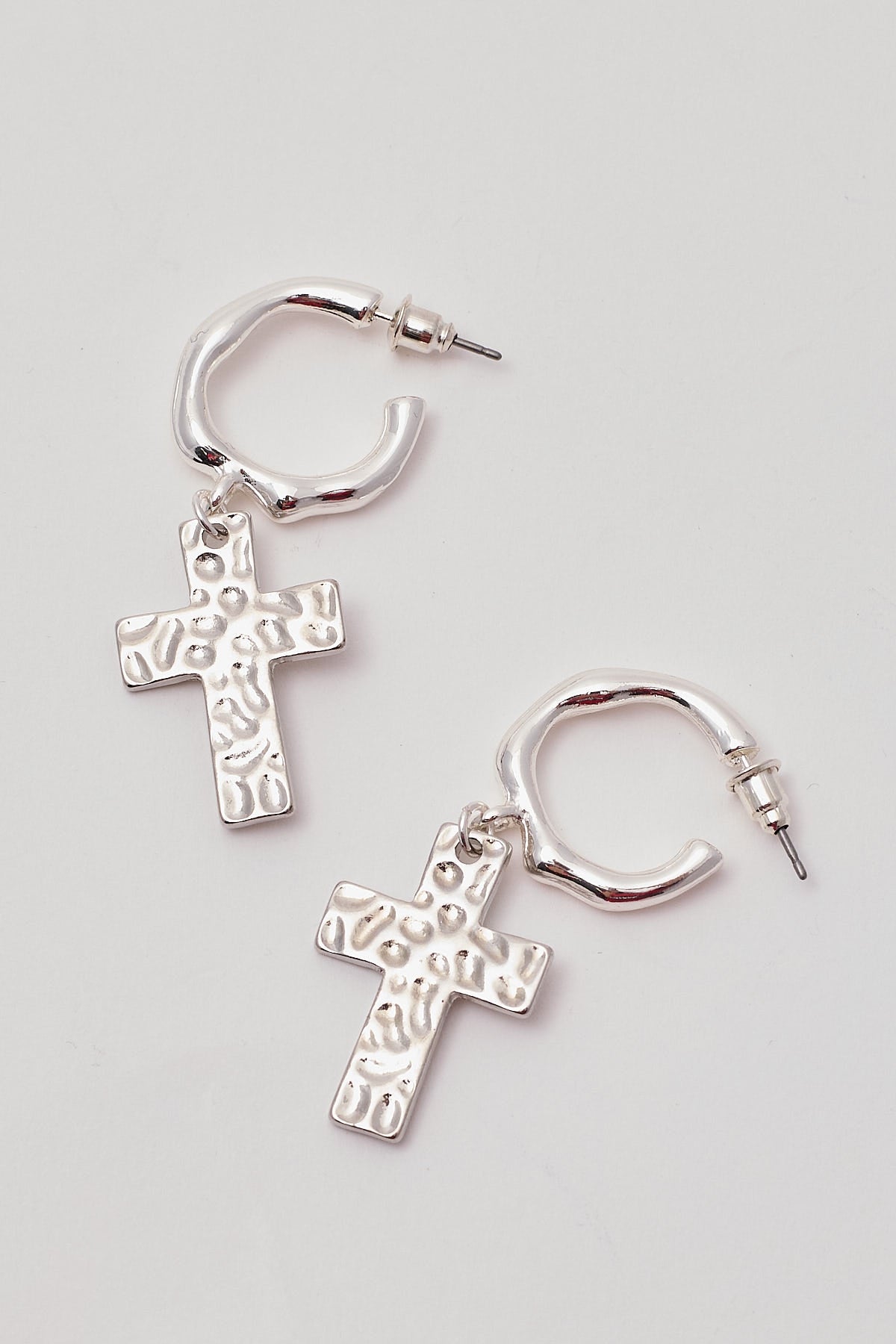 Token Cross Hoop Earrings Silver