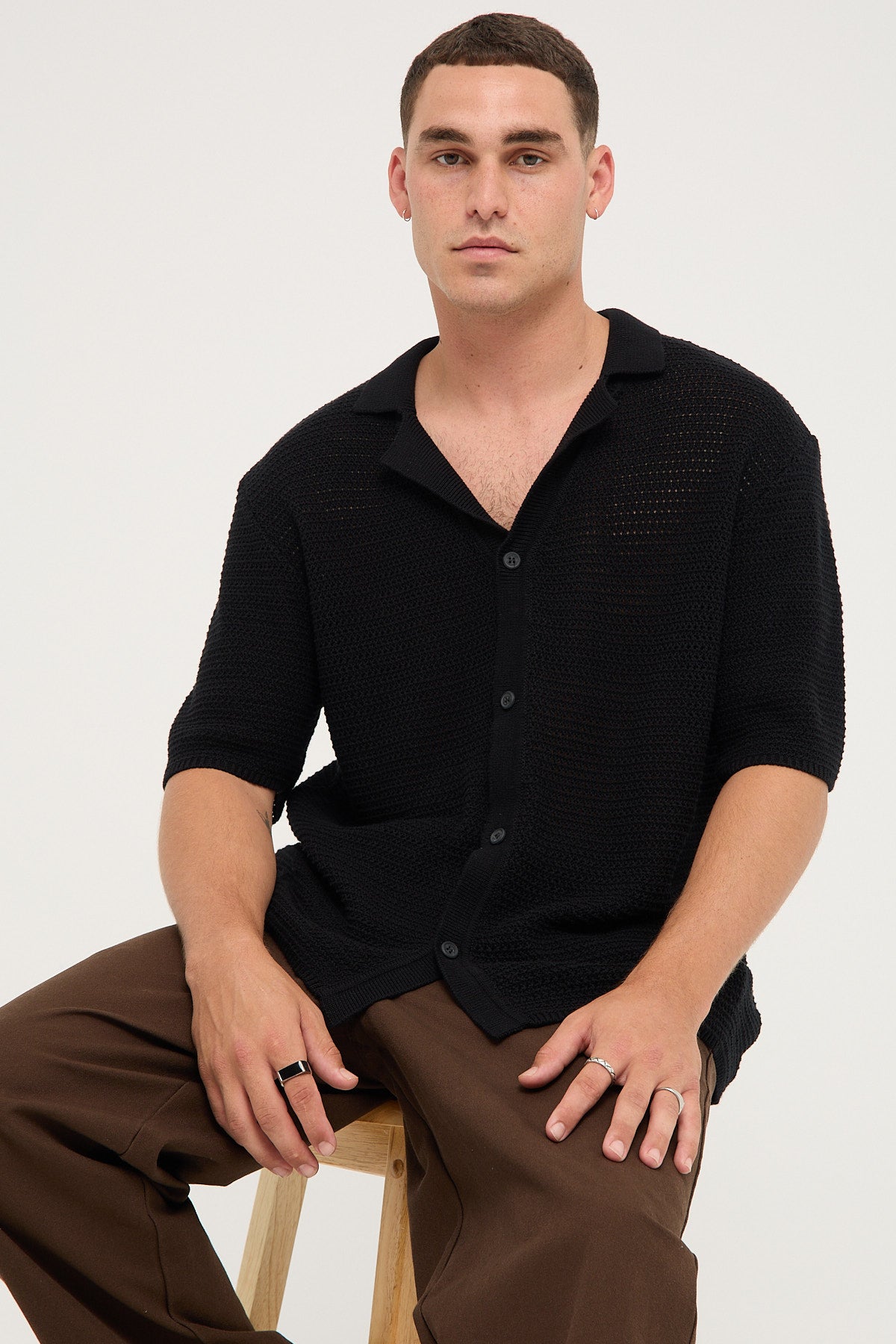 Common Need Crochet Boxy Resort Shirt Black