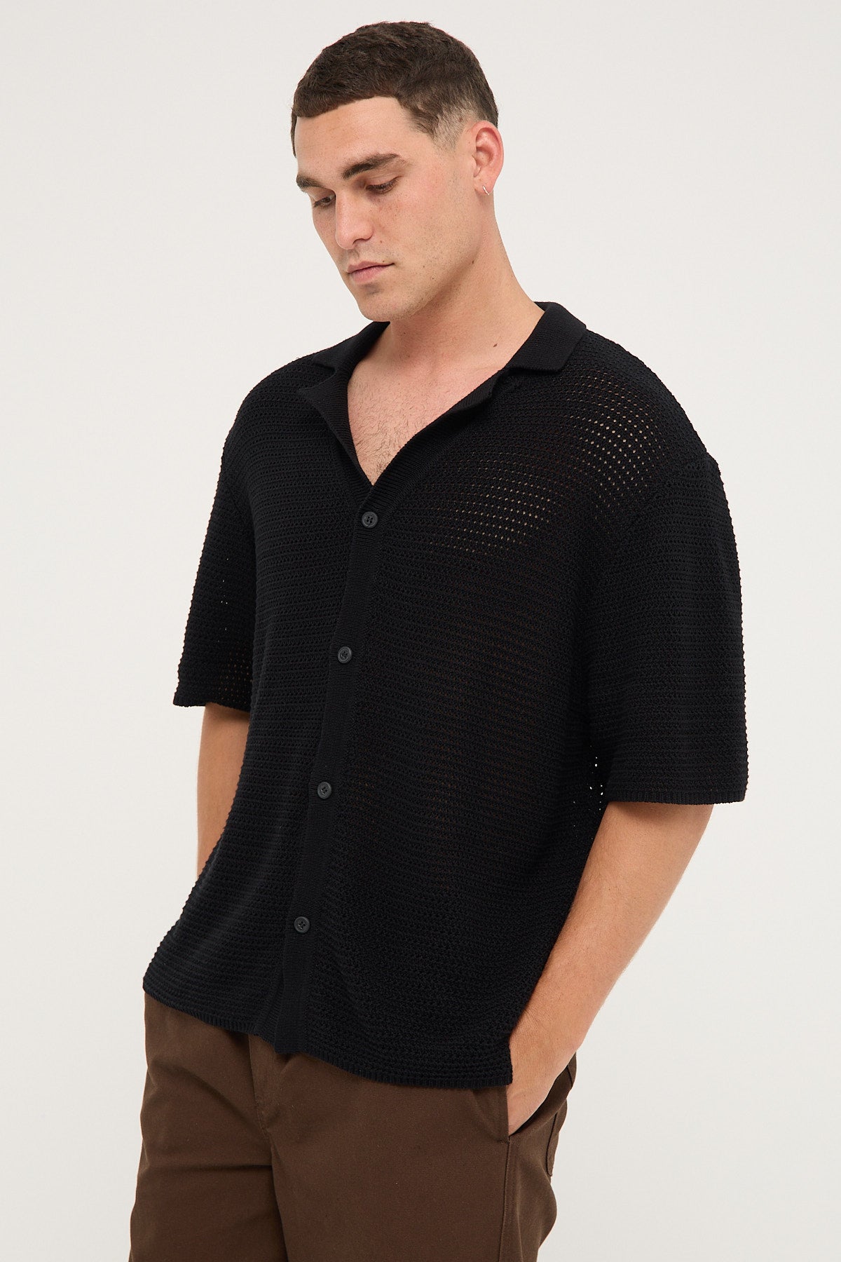 Common Need Crochet Boxy Resort Shirt Black