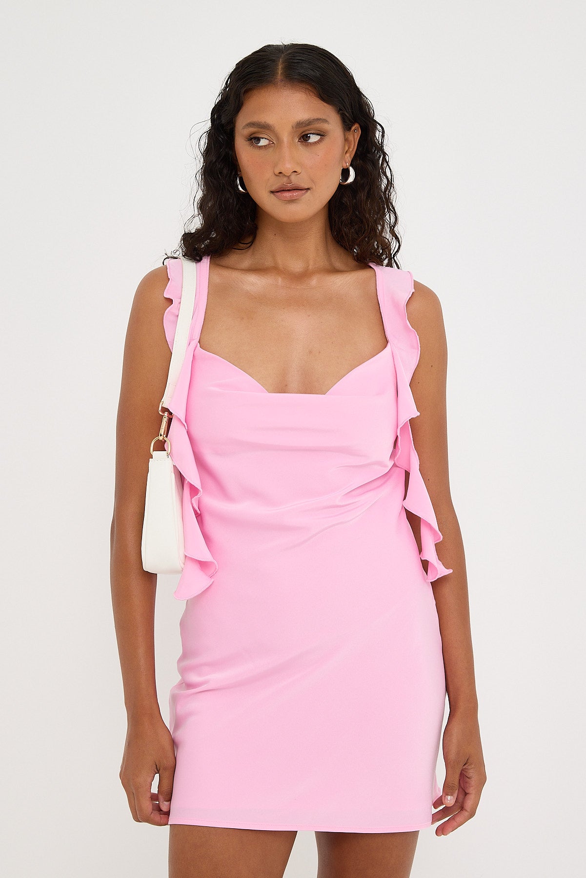 Luck & Trouble Slight Cowl Ruffle Mini Dress Pink