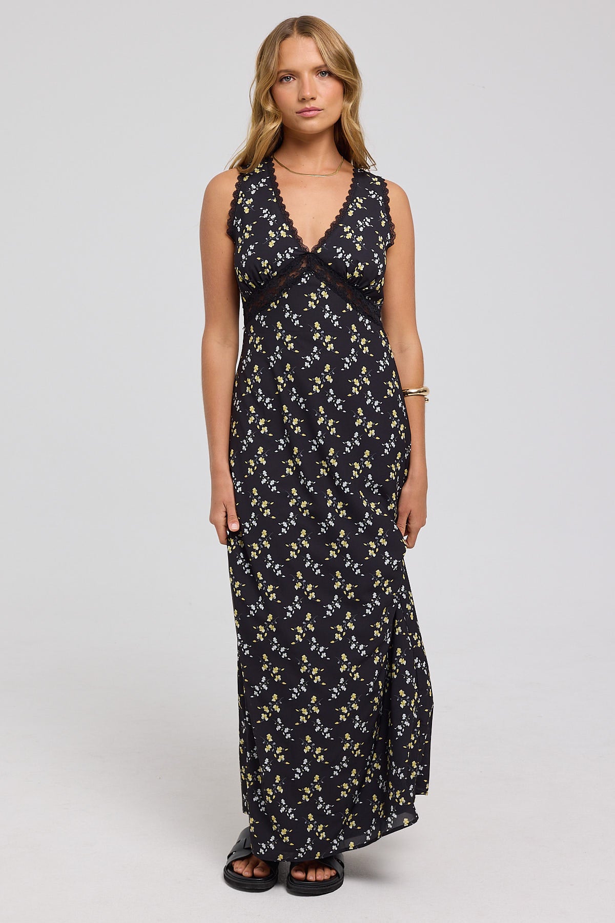 Luck & Trouble Midnight Meadows Lace Midi Dress Yellow Floral