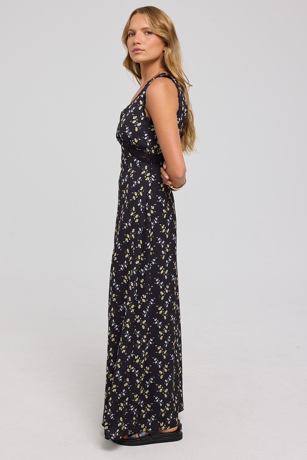 Luck & Trouble Midnight Meadows Lace Midi Dress Yellow Floral