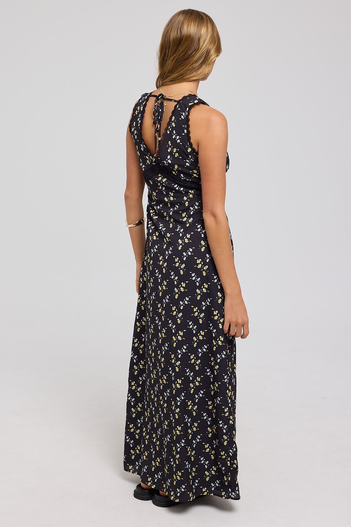 Luck & Trouble Midnight Meadows Lace Midi Dress Yellow Floral