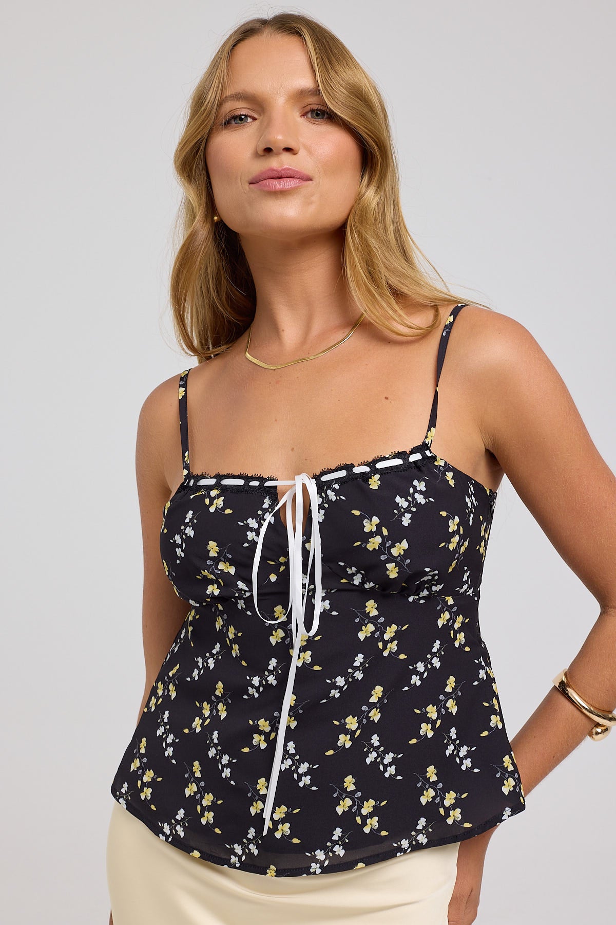 Luck & Trouble Midnight Meadows Lace Cami Top Yellow Floral